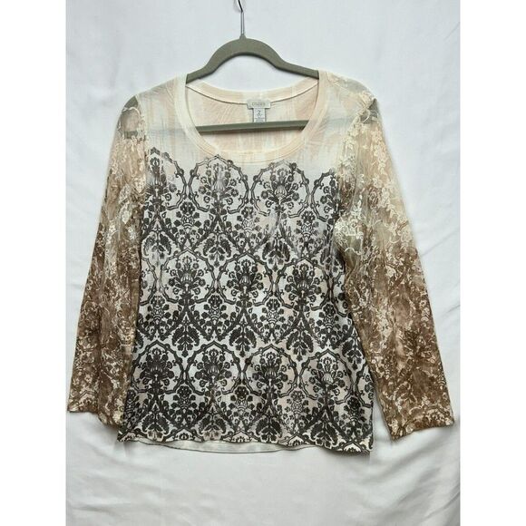 Chico's size 2 Lace sleeve Shirt Ombre long sleeve large tan made in USA‎ - Picture 1 of 11